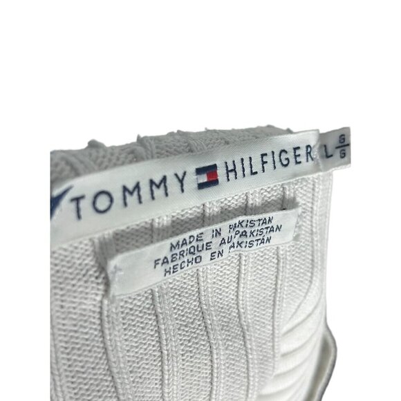 Vintage Tommy Hilfiger L Ribbed White Sweater Tee Classic Flag Logo 90s Iconic - Picture 4 of 7